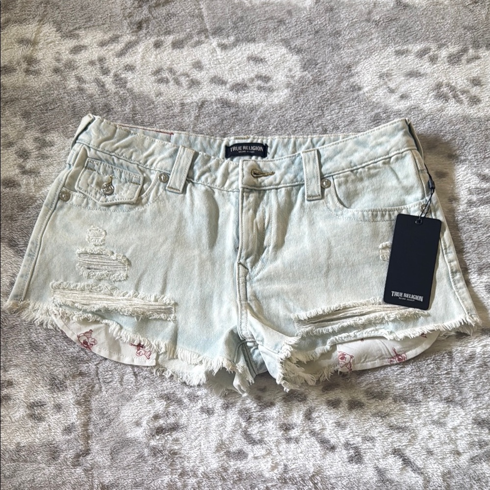 True Religion Blue Distressed Jean Shorts